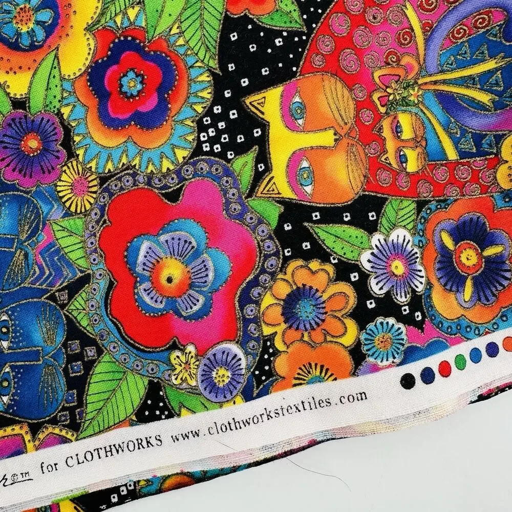 HTF RARE Fanciful Felines Laurel Burch Clothworks Cats Flowers Fabric 2 yards!
